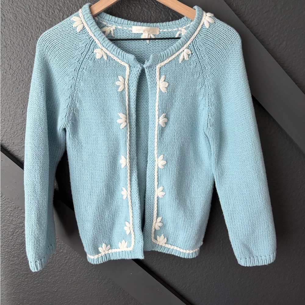 LoveShackFancy Light Blue Cardigan with White Floral Details